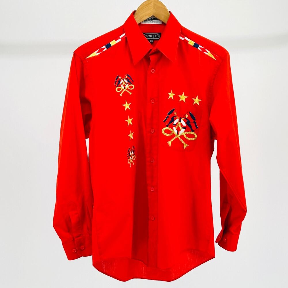 80s Marquis Red Nautical Long Sleeve Button Down Gold Sailing Patch Size S